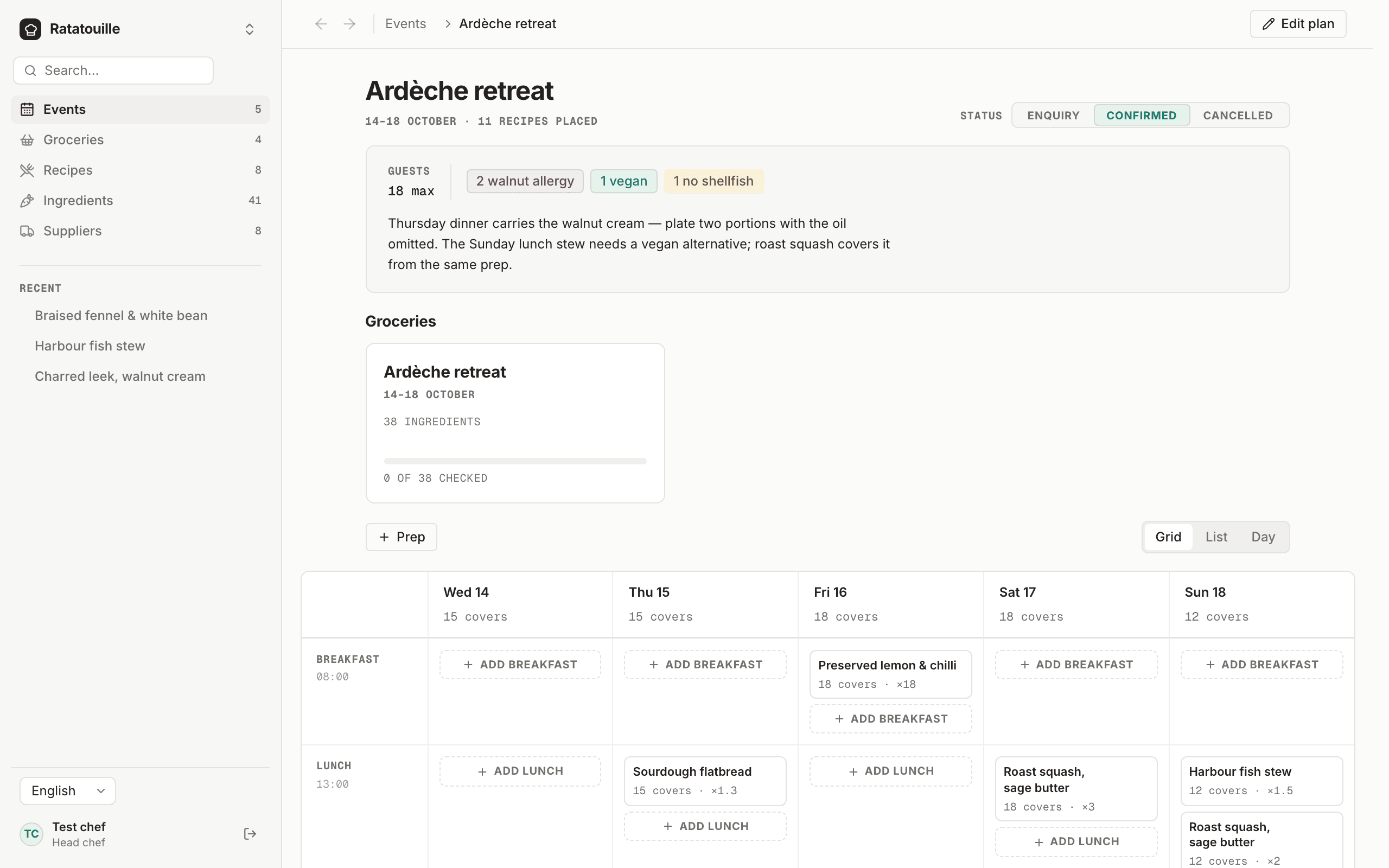 An event in Grammi Chef: its days and meals laid out as a grid, with the recipes and guest count of each