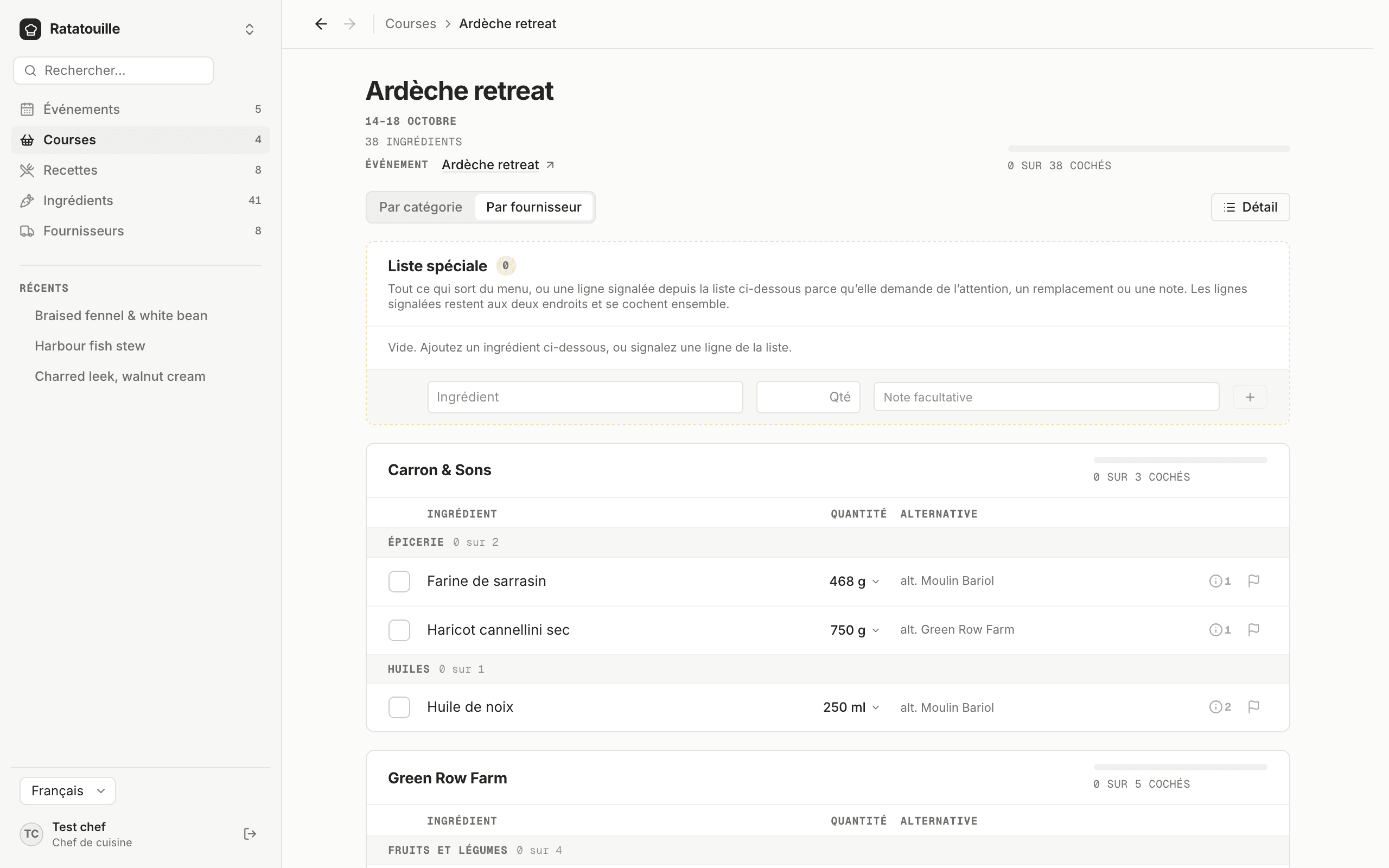 Une liste de courses dans Grammi Chef, regroupée par fournisseur, chaque ingrédient sur une ligne avec son total